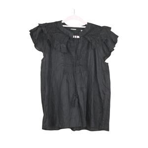 Elie Tahari Black Short Ruffle Sleeves Deep V-neck Aline Boho Blouse Top Size M